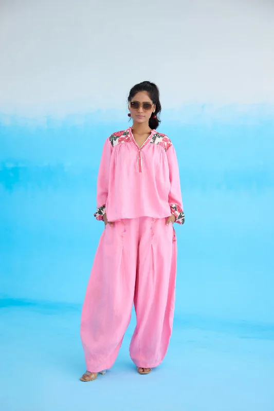 Pink Rose Bubble Sleeves Top Classic Women's Tweed