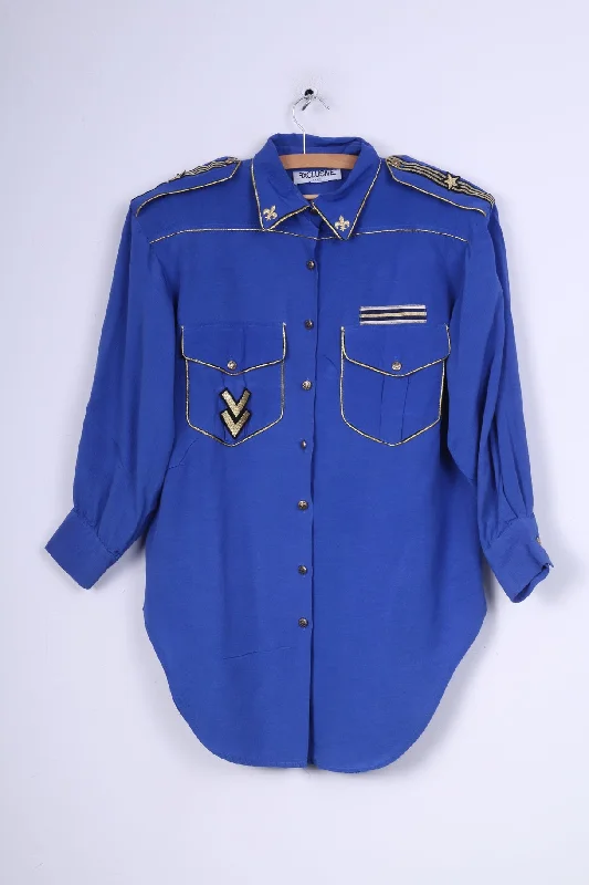 Exclusive Paris Womens L Casual Shirt Cobalt Shoulder Pads Gold Detailed Vintage French