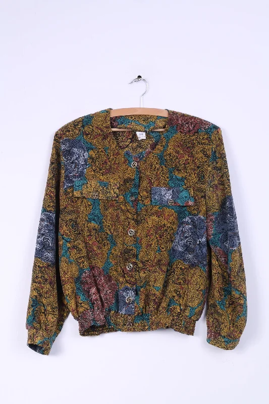 Womens 18 L Shirt Shiny Soft Material Gold Buttons Multi Printed Shoulder Pads Top performance