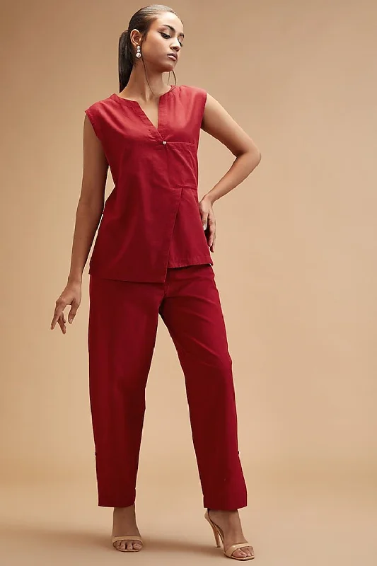 Red Handloom Cotton Solid Notched Overlap Pattern Top Stylish Women's Tropical 