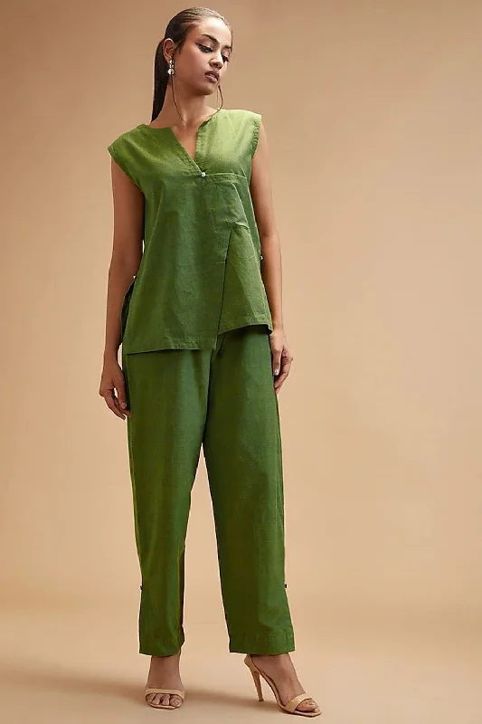 Green Handloom Cotton Plain Notched Neck Sleeveless Top Vintage Women's 1970S 