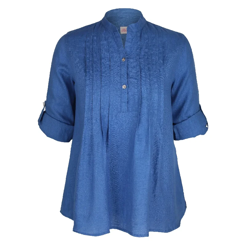 Greta Pintuck Denim Blue Shirt Polished Women's Silk