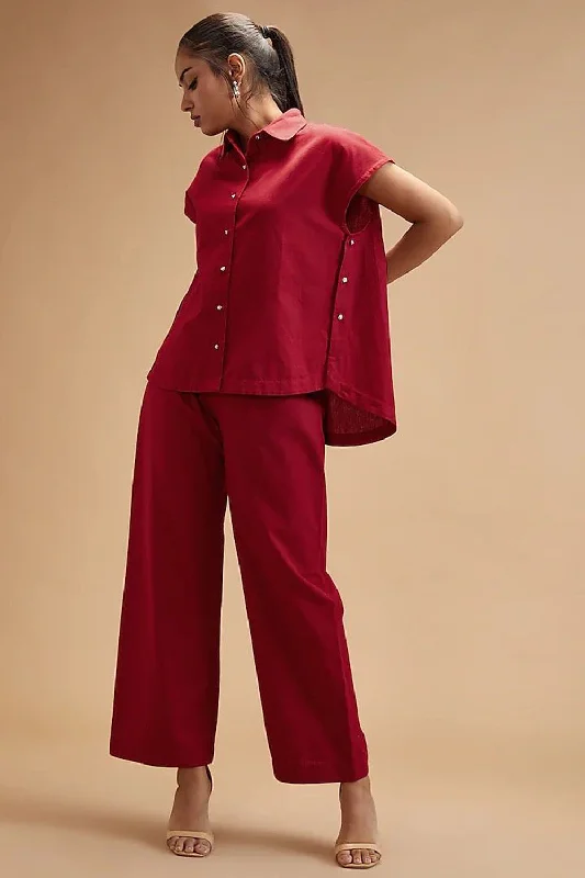 Red Handloom Cotton Solid Shirt Collar Flared Casual Women's Japanese 
