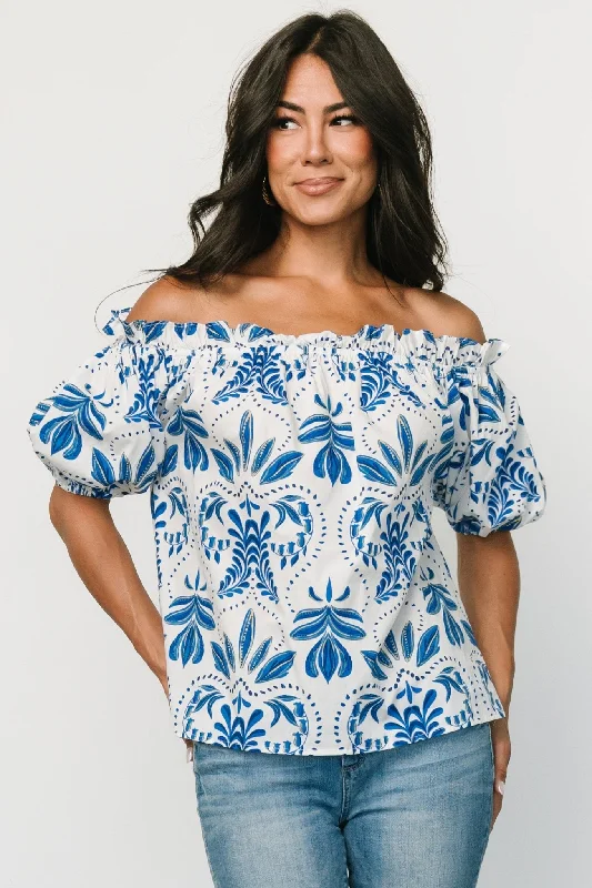 Santorini Off Shoulder Top | White + Blue Women