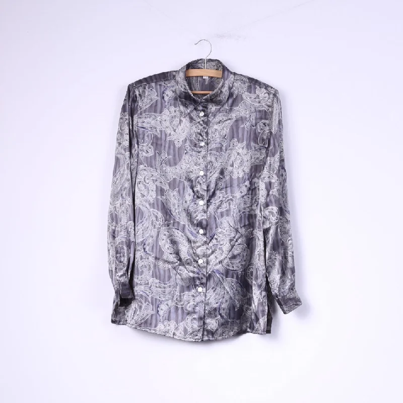 Vintage Women 12 38 Casual Shirt Gray Shiny Shoulder Pads Baroque Print Top Cool Women's Skate