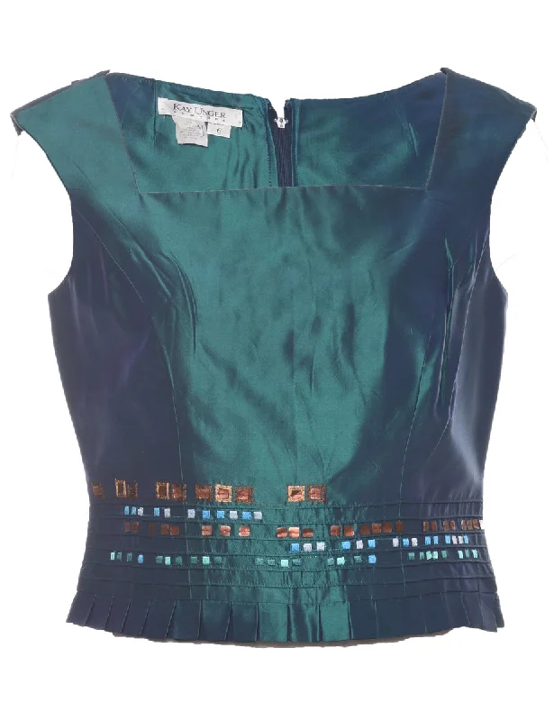Silk Turquoise Evening Blouse - M Minimalist Women's Casual