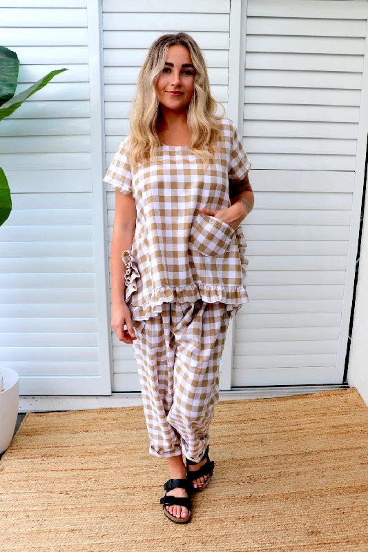 Amalfi Short Sleeve Top In Cotton Gingham Latte Gym