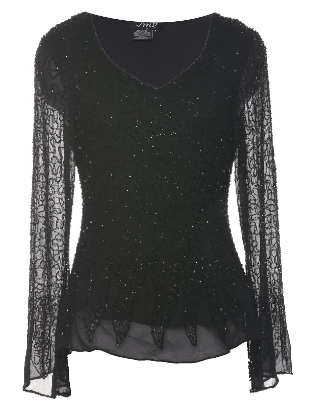Beaded Black Party Top - L Practical Women's Quick - dry