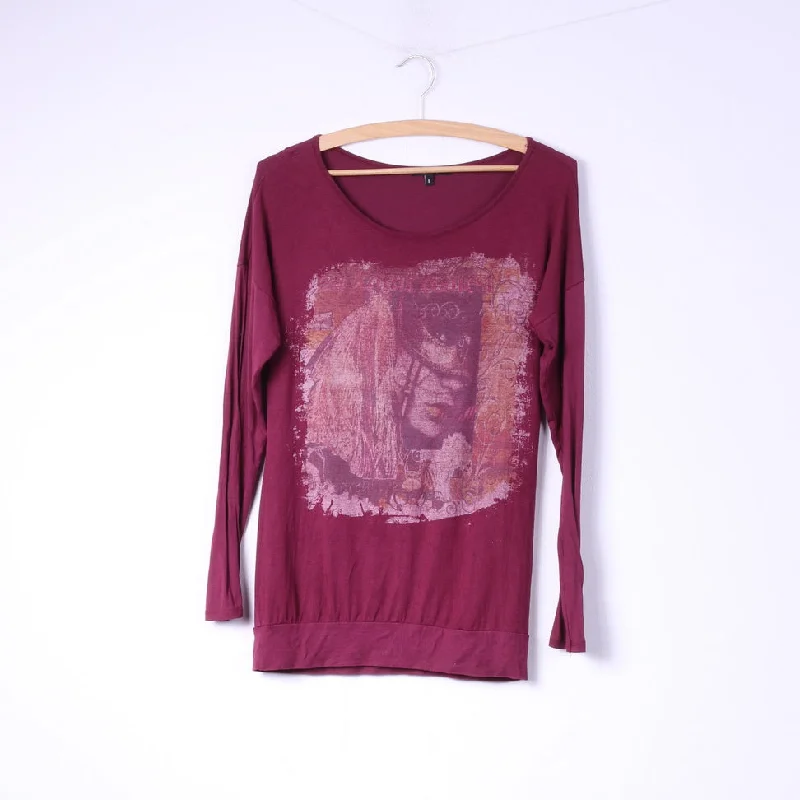 F de la passion Womens S Graphic Shirt Long Sleeve Maroon Crew Neck Top French