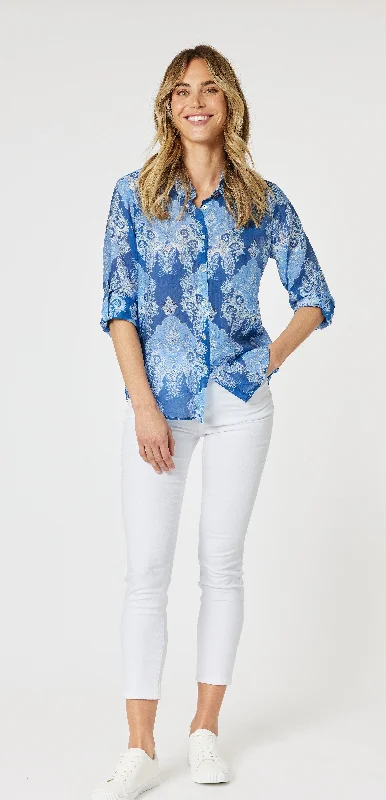Marine Blue Print Shirt Dapper Women's Bow - adorned