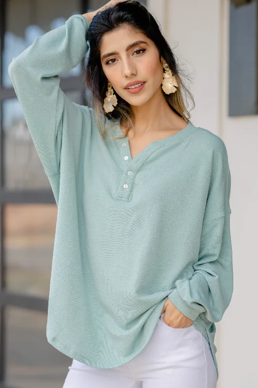 Tell You Everything Sage Green Henley Top Youthful Women's Anime - inspired