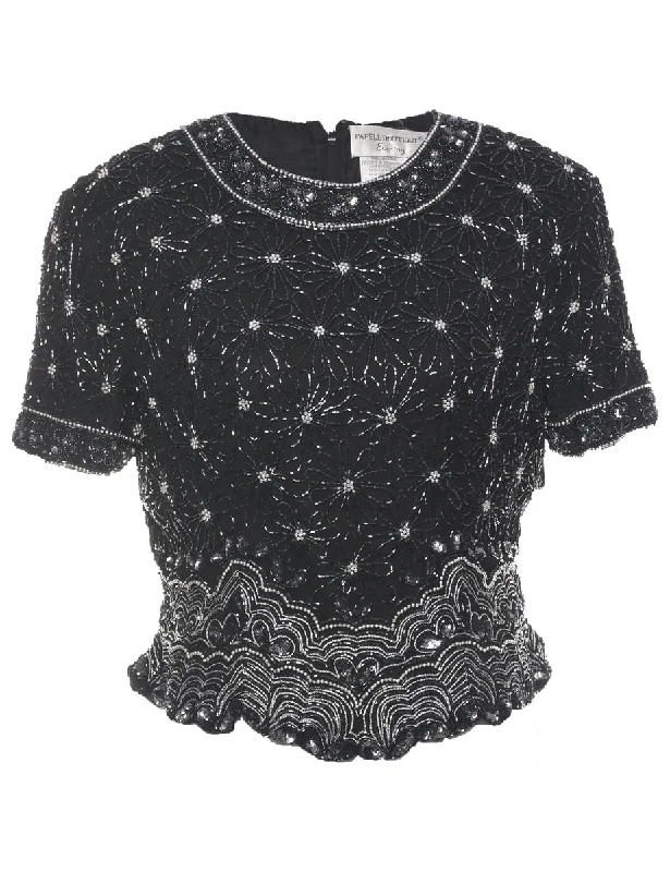 Silk Sequined Black Party Top - L Cozy Women's Sherpa - lined
