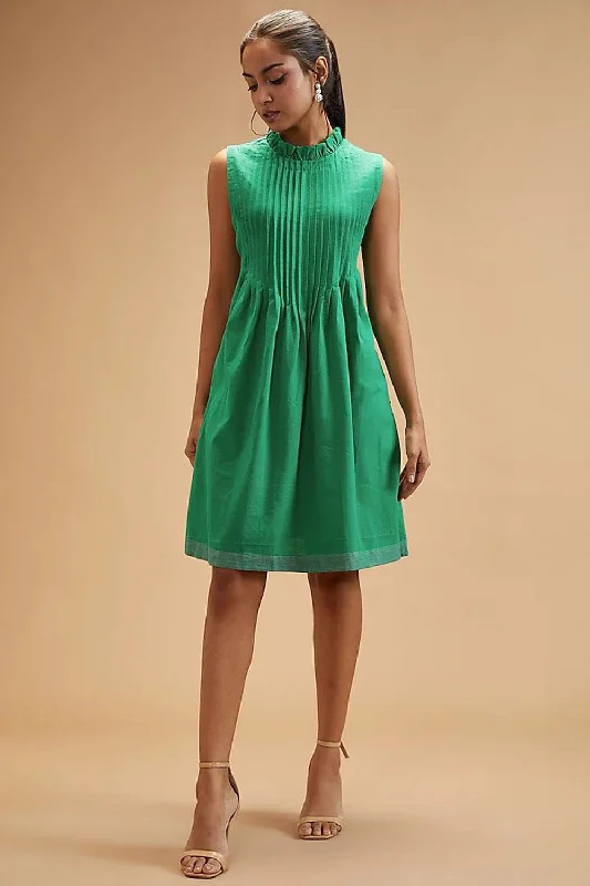 Green Handloom Cotton Solid Pleated Dress Adventure