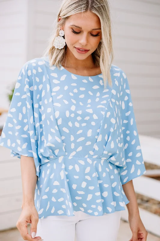 Tell Me Everything Light Blue Spotted Peplum Top Trendy Women's 
