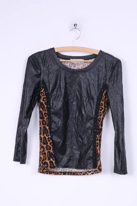 Giorgia Womens S Shirt Black Animal Leopard Print Imitation Leather Party European