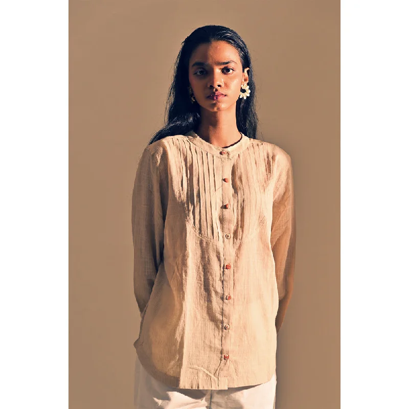 Beige Cotton Pintuck Bodice Shirt Trendy Women's Oversized