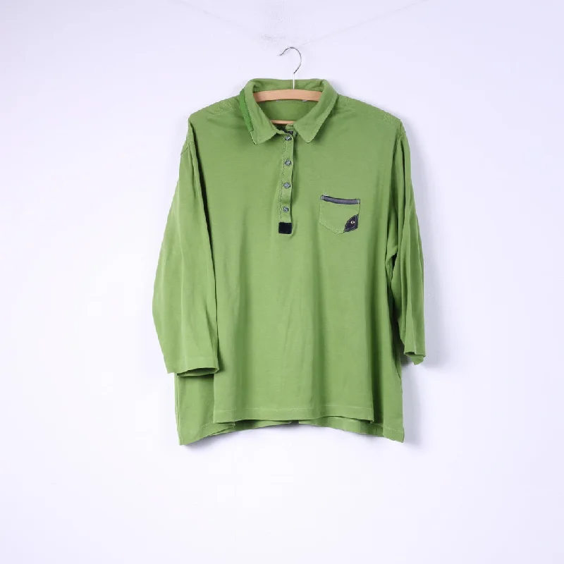 Womens 50 2XL Polo Shirt Green Buttons Detailed 7/8 Sleeve Top Cotton Polished Women's Silk