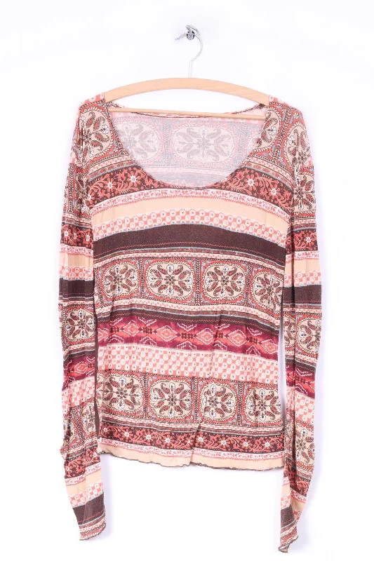 Vintage Womens L Shirt Brown Long Sleeve Multiprint Crew Neck Hippie Boho Top Athletic Women's High - Vintage Womens L Shirt Brown Long Sleeve Multiprint Crew Neck Hippie Boho Top Athletic Women's High -