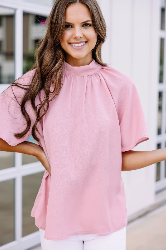 Tell Your Truth Blush Pink Mock Neck Blouse Street