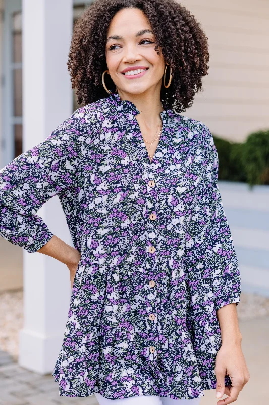 Tell Us The Truth Navy Blue Ditsy Floral Tunic Dapper Women's 1920S