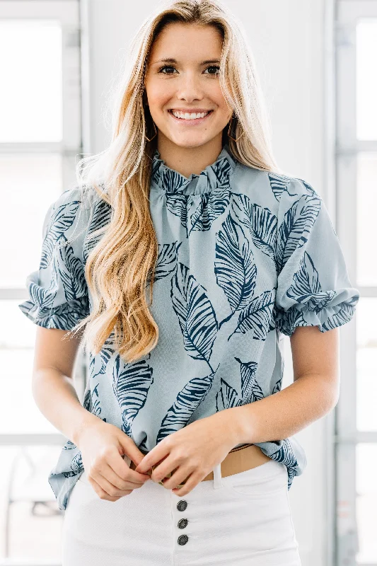 Tell You Everything Blue Palm Blouse Casual Women's Loose - fitting