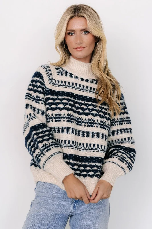 Guadalupe Mock Neck Sweater | Ivory + Navy Sleek Women's Metallic