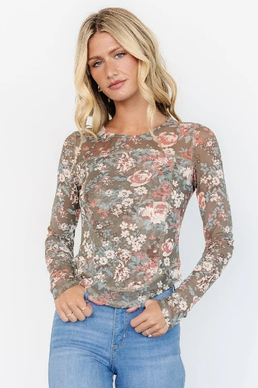 Jaynie Sheer Top | Olive Floral French