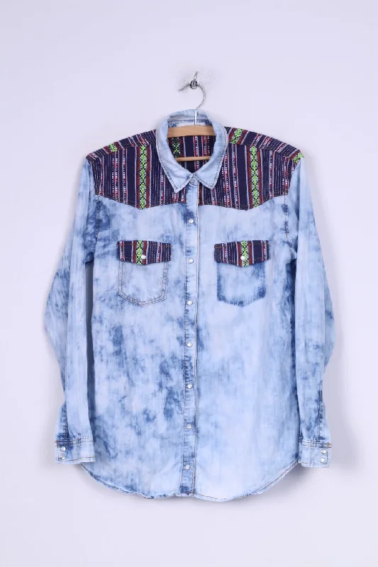 Life in progress Womens S Denim Shirt Aztec Details Acid Wash Jeans Snaps Polished Women's Silk