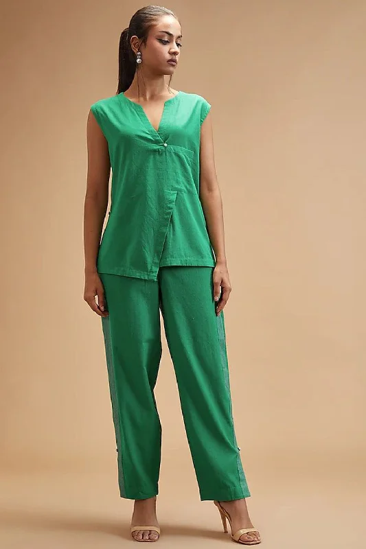 Green Handloom Cotton Plain Notched Neck Sleeveless Top Sporty Women's Athleisure 