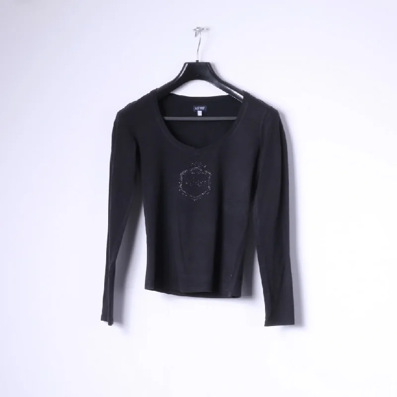 Armani Jeans Women 12 8 S Long Sleeved Shirt Black Cotton Stretch Logo Top Practical Women's Quick - dry