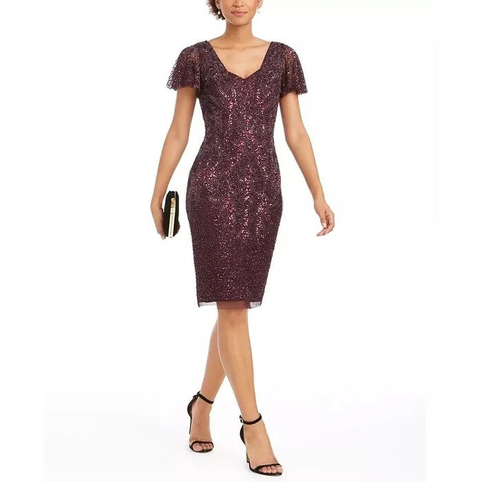 Adrianna Papell Women's Embellished Flutter-Sleeve Sheath Dress Redoverflw Size 14