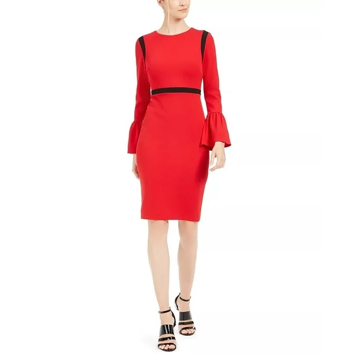 Calvin Klein Women's Color-Blocked Bell-Sleeve Sheath Dress Medium Red Size 8