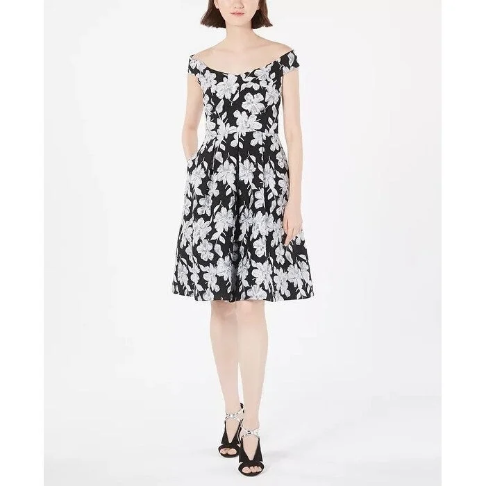 Calvin Klein Women's Off-The-Shoulder Brocade Floral Fit & Flare Dress Charcoal Size 14