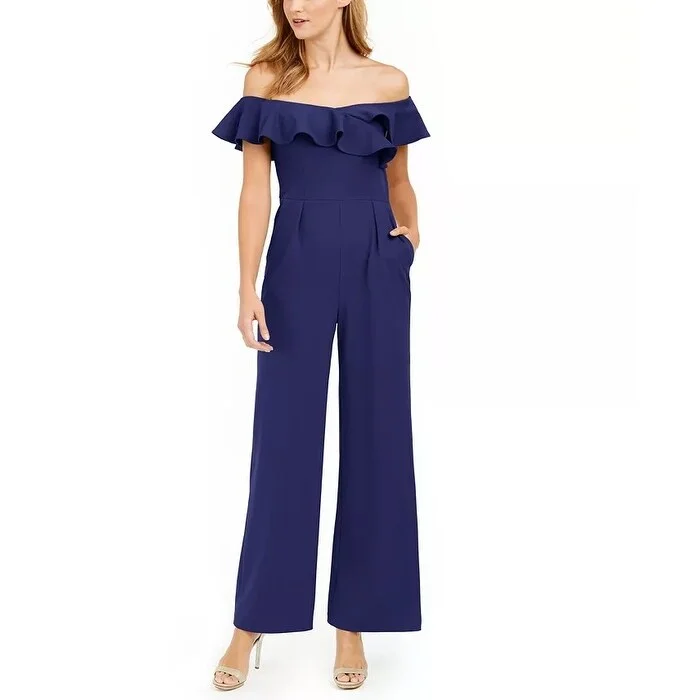 Calvin Klein Women's Ruffled Off The Shoulder Jumpsuit Blue Size 6