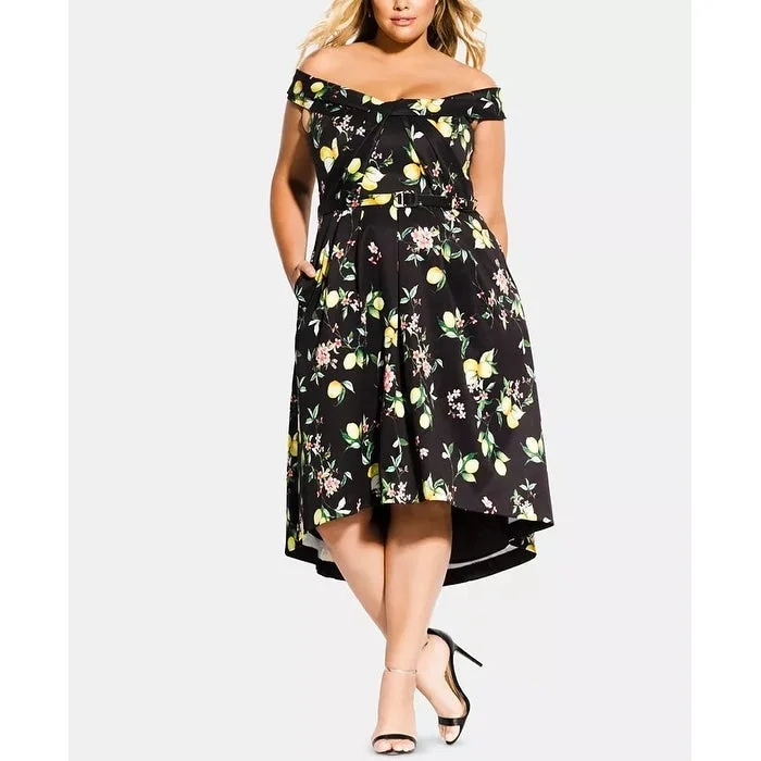 City Chic Women's Trendy Plus Size Amalfi Floral Off-The-Shoulder Dress Black Size 20W