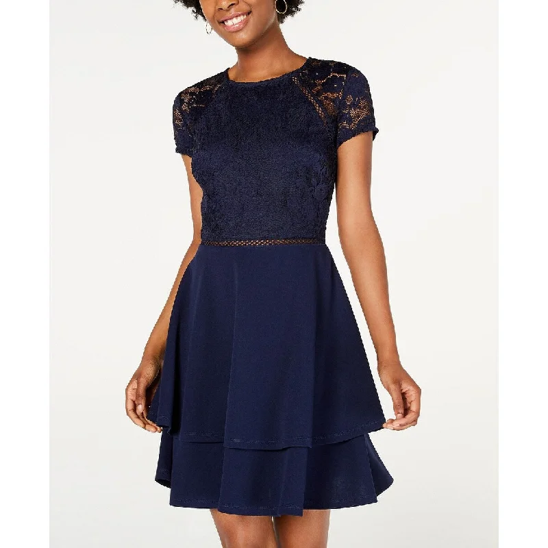 City Studios Juniors' Lace-Sleeve Dress Navy Size 9