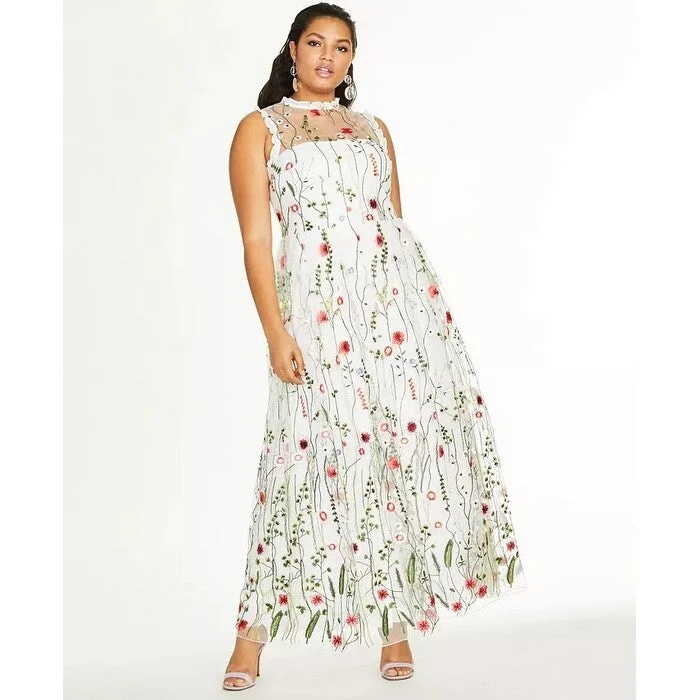 City Studios Women's Trendy Plus Size Embroidered Floral Gown White Size 22