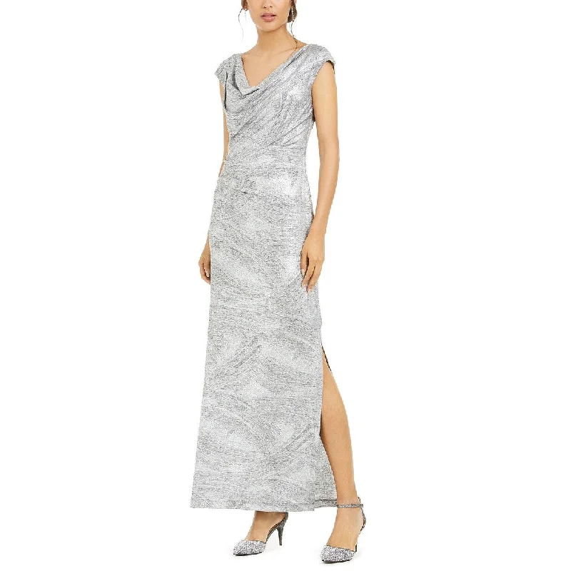 Connected Women's Cowlneck Metallic Slit Gown Silver Size 10