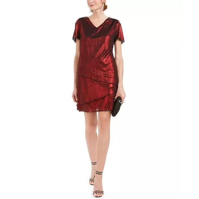 Connected Women's Tiered Metallic A Line Dress Red Size 4 P - 0.666666666666667