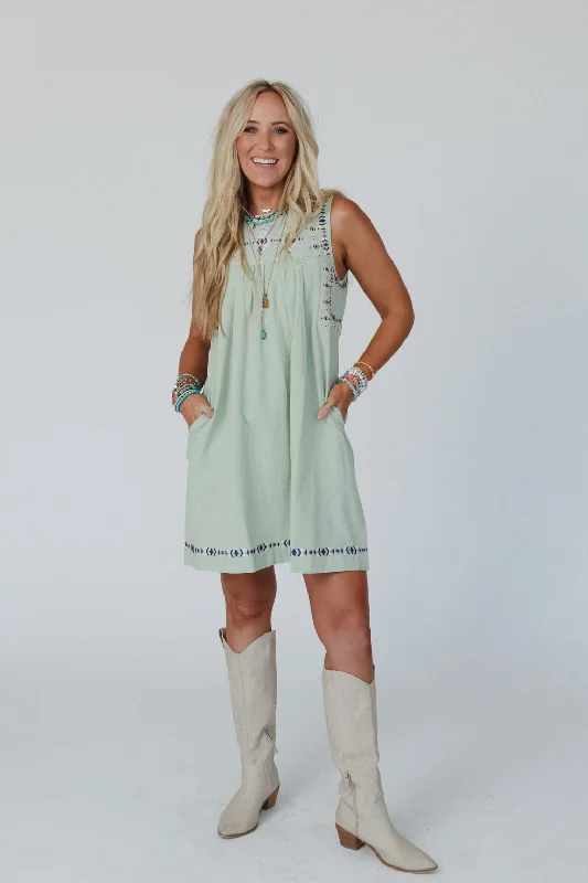 Honey Heart Embroidered Dress - Sage