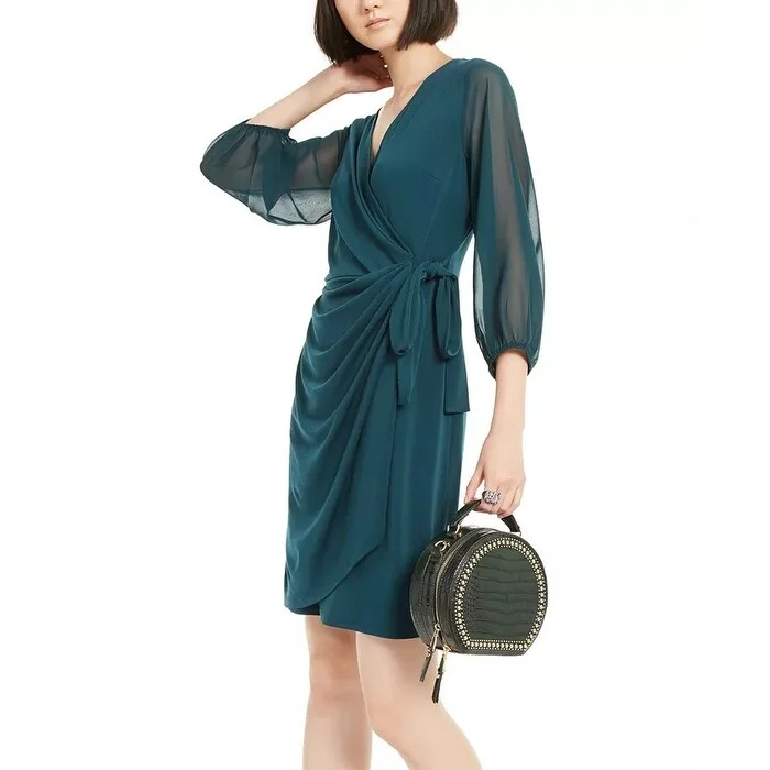 INC International Concepts Women's Balloon Sleeve Wrap Dress Green Size Medium