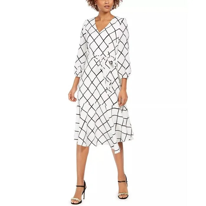 Jessica Howard Women's Plaid Flounce Hem Midi Dress White Size 14