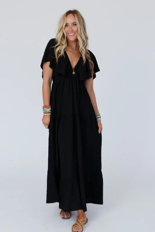 On Repeat Textured Open Back Ruffle Maxi Dress - Black