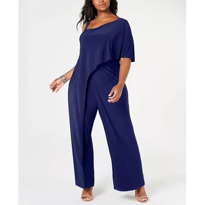 R & M Richards Women's Plus One Shoulder Jumpsuit Navy Size 20W