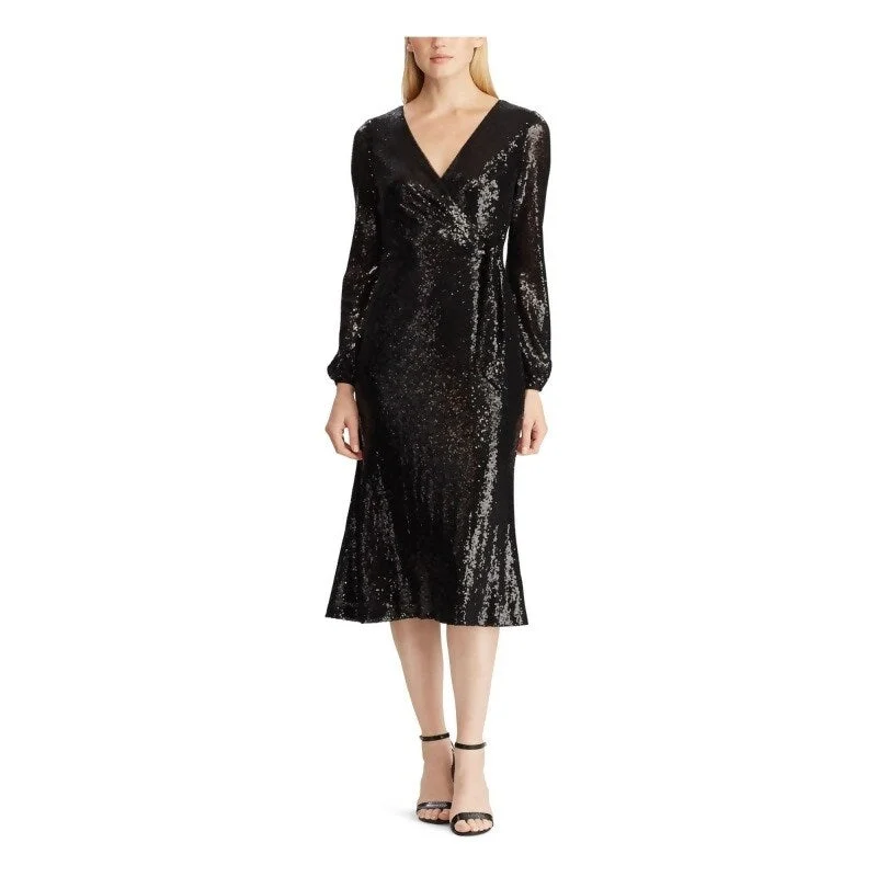 Ralph Lauren Women's Black Sequined Long Sleeve V Neck Midi Faux Wrap Cocktail Dress Black Size 8