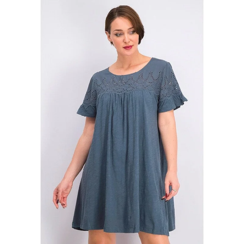 Style & Co Women's Eyelet Flutter-Sleeve T-Shirt Dress Dark Gray Size Large