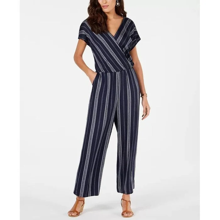 Style & Co Women's Striped V Neck Jumpsuit Navy Size Small