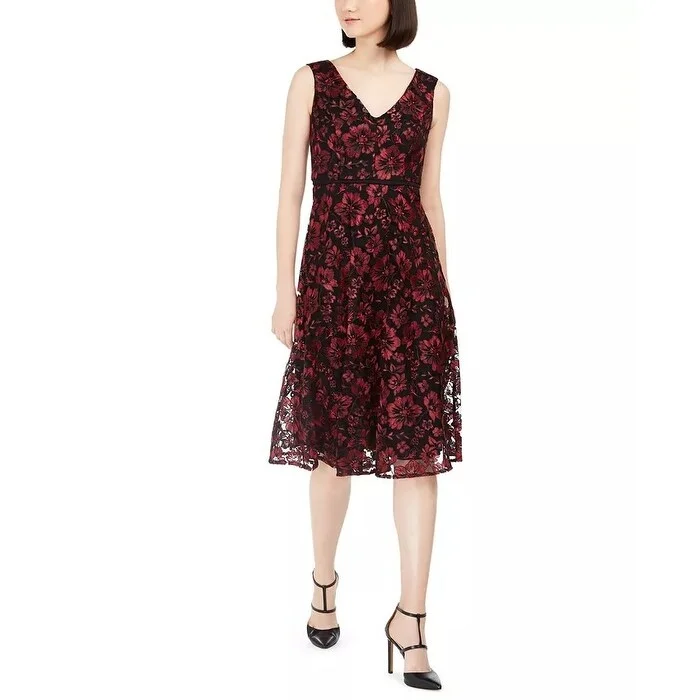 Taylor Women's Floral-Embroidered Midi Dress Wine Size 6