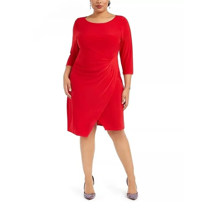 Taylor Women's Plus Asymmetrical Draped Sheath Dress Red Size 16W