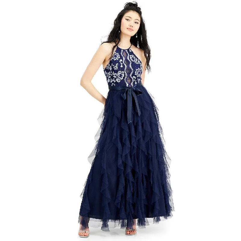 Teeze Me Juniors' Embroidered-Top Layered-Skirt Gown Navy Size 3